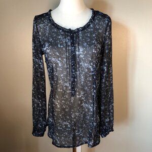 Eddie Bauer Sheer Long Sleeve Blue Floral Tunic Blouse Size XS